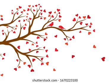 Vector illustration of abstract, decorated with hearts tree branch with couple of birds, in color, isolated, on white background