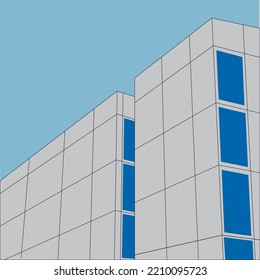 ilustración vectorial en diseño abstracto. casa gris con ventanas contra el cielo azul. edificios de oficinas minimalistas.