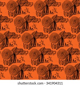 Vector illustration of abstract doodle drawing. Swirl, seamless, pentagram, star, snail. Orange & black.