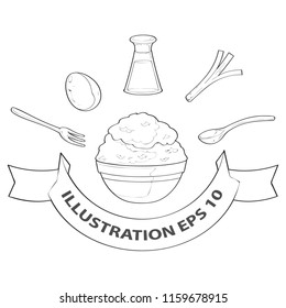 Vector illustration abstract doodle outline of rice in bowl and ingredients around