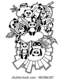 Vector illustration. Abstract doodle with the sun, clouds, rainbow and stars.  Cute cartoon pandas do sports. Healthy lifestyle. Black and white