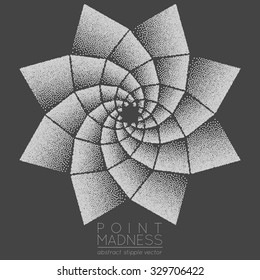 Vector illustration of abstract dotted symbol phyllotaxis. Sacred geometry sign made in stippling technique. Isolated halftone symbol. Pointillism. Opposite spirals.