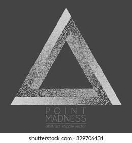 Vector illustration of abstract dotted symbol Penrose triangle. Sacred geometry sign made in stippling technique. Isolated halftone symbol. Pointillism. Penrose tribar.