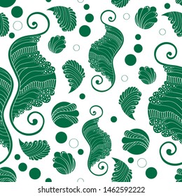 Vector illustration of an abstract drawing on the marine theme. stylized sea creatures of green on a white background. seamless texture