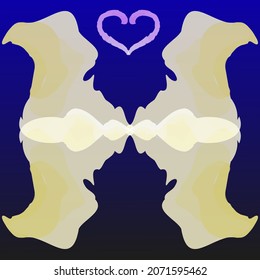 Vector illustration. Abstract drawing of two lovers and hearts above them on a blue gradient background. 