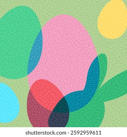 Vector illustration of an abstract Easter bunny with vibrant overlapping eggs on a textured green background, creating a festive and modern design.