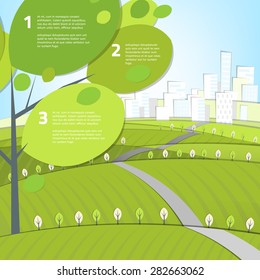 Vector illustration of abstract ecological road landscape with green fields and white cityscape. Ideal for poster, brochure, print and leaflet design. Go green concept.