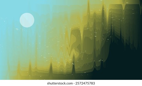 Vector illustration. Abstract eerie forest shrouded in dense fog with a mysterious glow. Dark silhouettes and distorted textures create a haunting atmosphere. Panoramic wallpapers