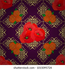 Vector illustration. Abstract elegance seamless pattern with floral motifs in red, neutral and purple colors. Decorative poppy flowers repeating pattern.
