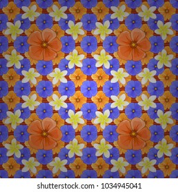 Vector illustration. Abstract elegance seamless pattern with floral motifs in violet, orange and yellow colors. Decorative cosmos flowers repeating pattern.