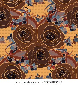 Vector illustration. Abstract elegance seamless pattern with floral motifs in gray, brown and yellow colors. Decorative rose flowers and leaves repeating pattern.