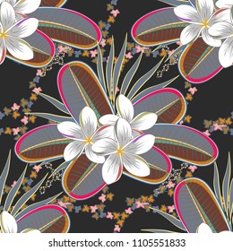 Vector illustration. Abstract elegance seamless pattern with floral motifs in green and orange colors.