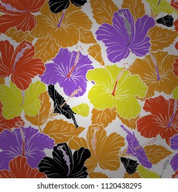 Vector illustration. Abstract elegance seamless pattern with floral motifs in yellow, white and violet colors. Decorative hibiscus flowers repeating pattern.