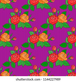 Vector illustration. Abstract elegance seamless pattern with floral motifs in violet, purple and green colors. Decorative rose flowers and green leaves repeating pattern.