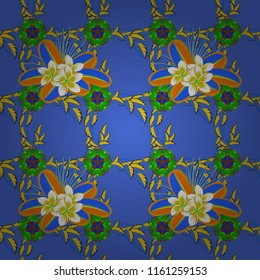 Vector illustration. Abstract elegance seamless pattern with floral motifs in yellow, green and blue colors. Decorative plumeria flowers repeating pattern.
