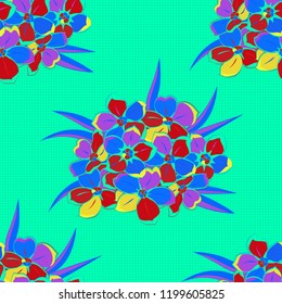 Vector illustration. Abstract elegance seamless pattern with floral motifs in green, red and blue colors. Decorative forget-me-not flowers repeating pattern.