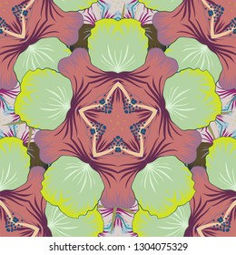 Vector illustration. Abstract elegance seamless pattern with floral motifs in purple, yellow and pink colors.