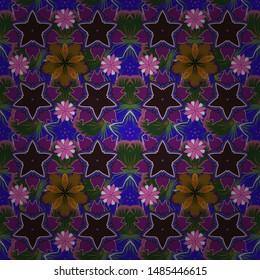 Vector illustration. Abstract elegance seamless pattern with floral motifs in green, violet and brown colors.