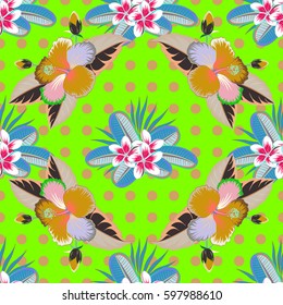 Vector illustration. Abstract elegance seamless pattern with floral motifs on a green background.