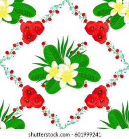 Vector illustration. Abstract elegance seamless pattern with floral motifs on a white background. Decorative plumeria flowers repeating pattern.
