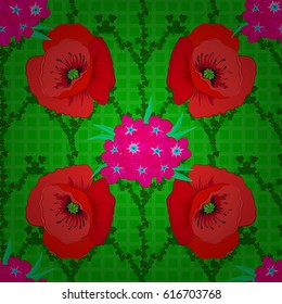 Vector illustration. Abstract elegance seamless pattern with floral motifs on a green background. Decorative poppy flowers repeating pattern.