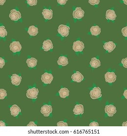 Vector illustration. Abstract elegance seamless pattern with floral motifs on a green background. Decorative rose flowers and green leaves repeating pattern.