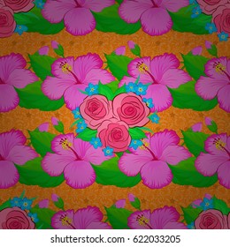 Vector illustration. Abstract elegance seamless pattern with floral motifs on a orange background. Decorative hibiscus flowers repeating pattern.