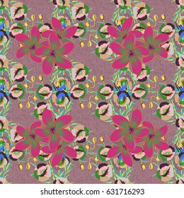 Vector illustration. Abstract elegance seamless pattern with floral motifs in blue and green colors.