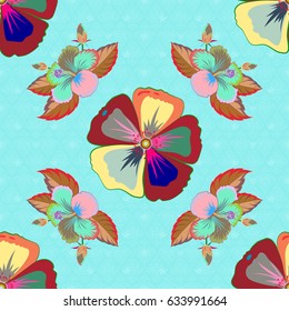 Vector illustration. Abstract elegance seamless pattern with floral motifs in blue and red colors.
