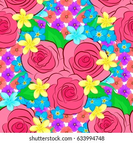 Vector illustration. Abstract elegance seamless pattern with floral motifs on a white background. Decorative rose flowers and green leaves repeating pattern.
