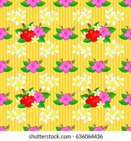 Vector illustration. Abstract elegance seamless pattern with floral motifs on a yellow background. Decorative hibiscus flowers repeating pattern.