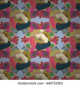 Vector illustration. Abstract elegance seamless pattern with floral motifs in blue and pink colors.