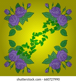 Vector illustration. Abstract elegance seamless pattern with floral motifs on a yellow background. Decorative rose flowers and green leaves repeating pattern.