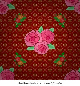 Vector illustration. Abstract elegance seamless pattern with floral motifs on a red background. Decorative rose flowers and green leaves repeating pattern.
