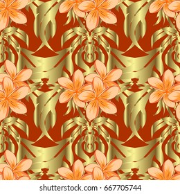 Vector illustration. Abstract elegance seamless pattern with floral motifs on a brown background. Decorative plumeria flowers repeating pattern.