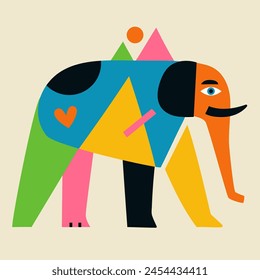 Vector illustration with abstract elements elephant with mountains, sun and heart. Trendy home decoration poster, childish apparel print design
