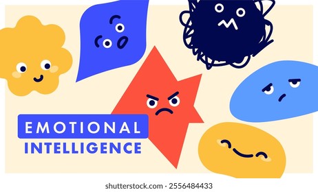 Vector illustration of abstract emotion. Minimal banner with minimal characters with different moods. Simple flat icons for emotional intelligence design. 