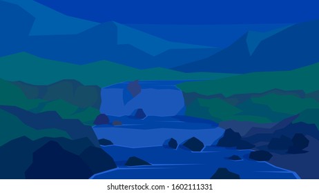 vector illustration abstract evening landscape mountain rocks clear sky river waterfall