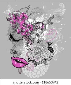 vector illustration of an abstract face and blooming flowers