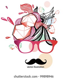 vector illustration of an abstract face with cartoon mustache  in red glasses