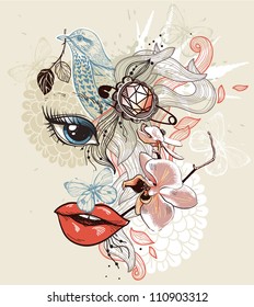 vector illustration of an abstract face, flowers and a blue bird