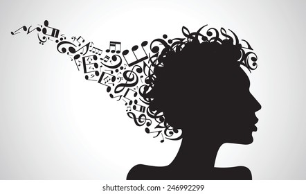 Vector illustration of abstract. face silhouette in profile with musical hair. Musical creativity concept