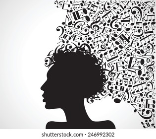 Ilustración vectorial de lo abstracto. silueta facial en perfil con pelo musical y engranajes. Concepto de creatividad musical