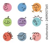 Vector illustration of abstract faces of different colors and expressions drawn on hand-drawn circles