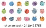 Vector illustration of abstract faces of different colors and expressions drawn on hand-drawn circles