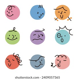 Vector illustration of abstract faces of different colors and expressions drawn on hand-drawn circles