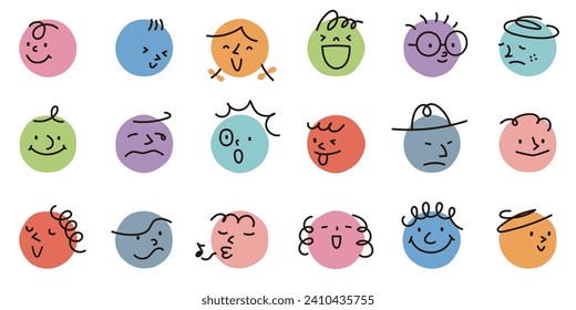 Vector illustration of abstract faces of different colors and expressions drawn on hand-drawn circles