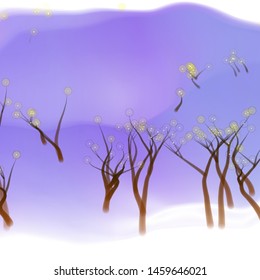 Vector illustration of an abstract fairy forest on a fluid colorful background. Liquid color backdrop consisting of multicolored fluid curves smoothly flowing into each other. Beautiful wavy wallpaper