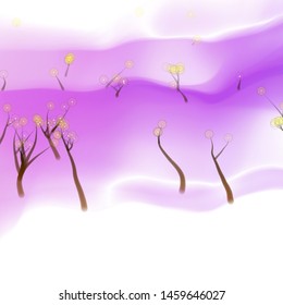Vector illustration of an abstract fairy forest on a fluid colorful background. Liquid color backdrop consisting of multicolored fluid curves smoothly flowing into each other. Beautiful wavy wallpaper