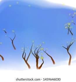 Vector illustration of an abstract fairy forest on a fluid colorful background. Liquid color backdrop consisting of multicolored fluid curves smoothly flowing into each other. Beautiful wavy wallpaper